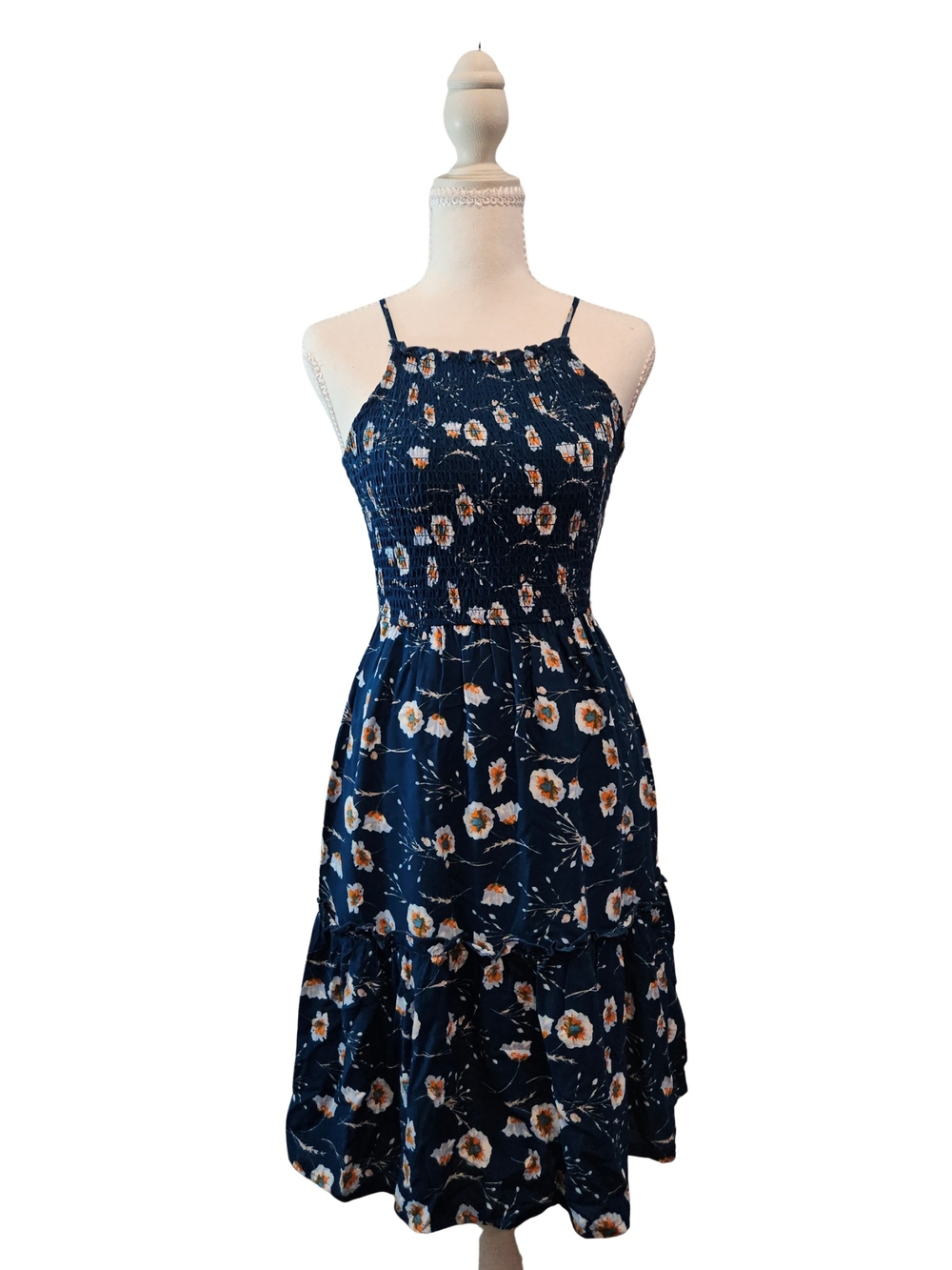 Charlotte Russe Navy Blue Floral Smocked Dress - Size Small